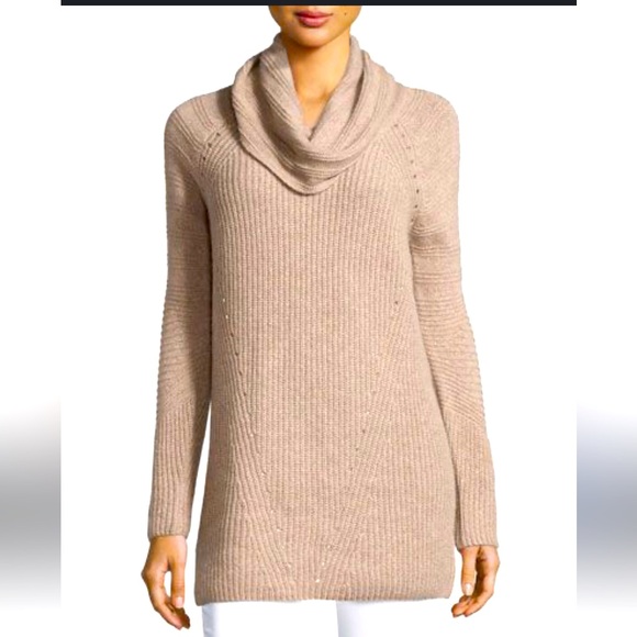 Neiman Marcus Signature Cashmere Long‎ CowlNeck Oversized Taupe Sweater XS - Picture 1 of 7